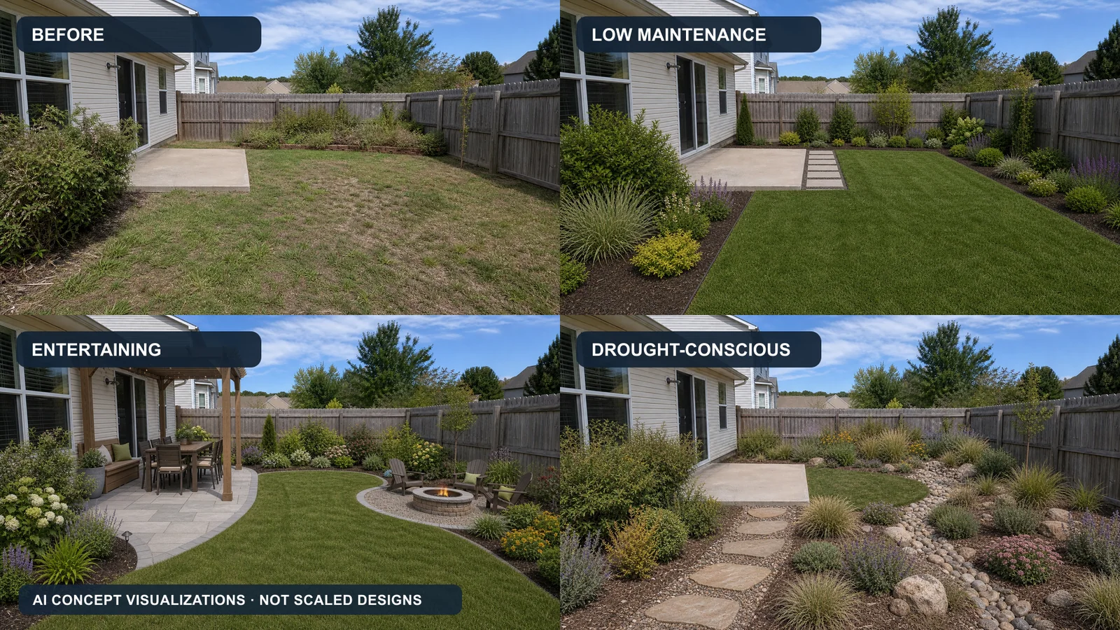 Three disclosed AI landscaping concepts based on one yard photo